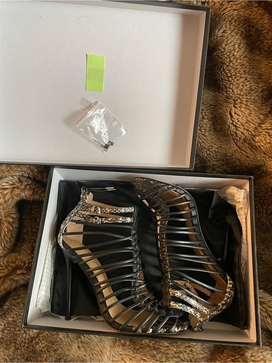 L.A.M.B. Shoes - L.A.M.B. Black/Snake print stiletto cage style heels; 7; leather